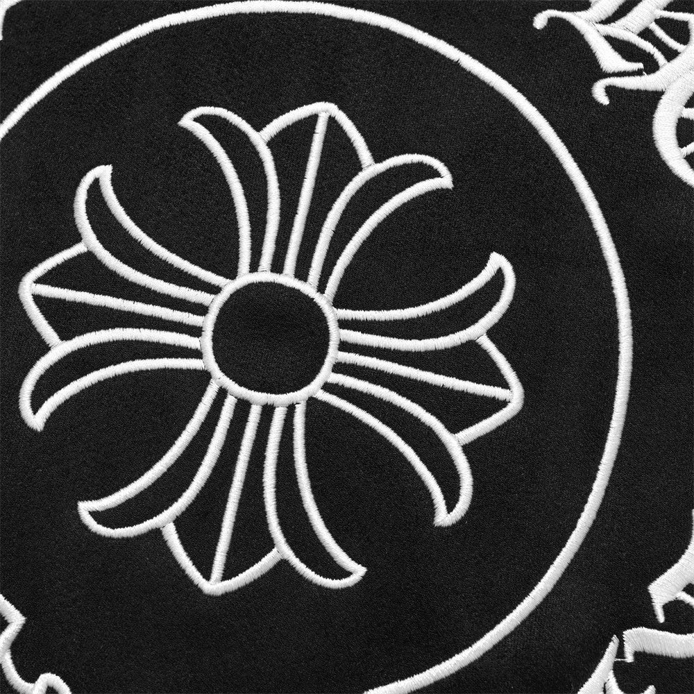 Sanskrit cross embroidered fur collar hooded sweatshirt