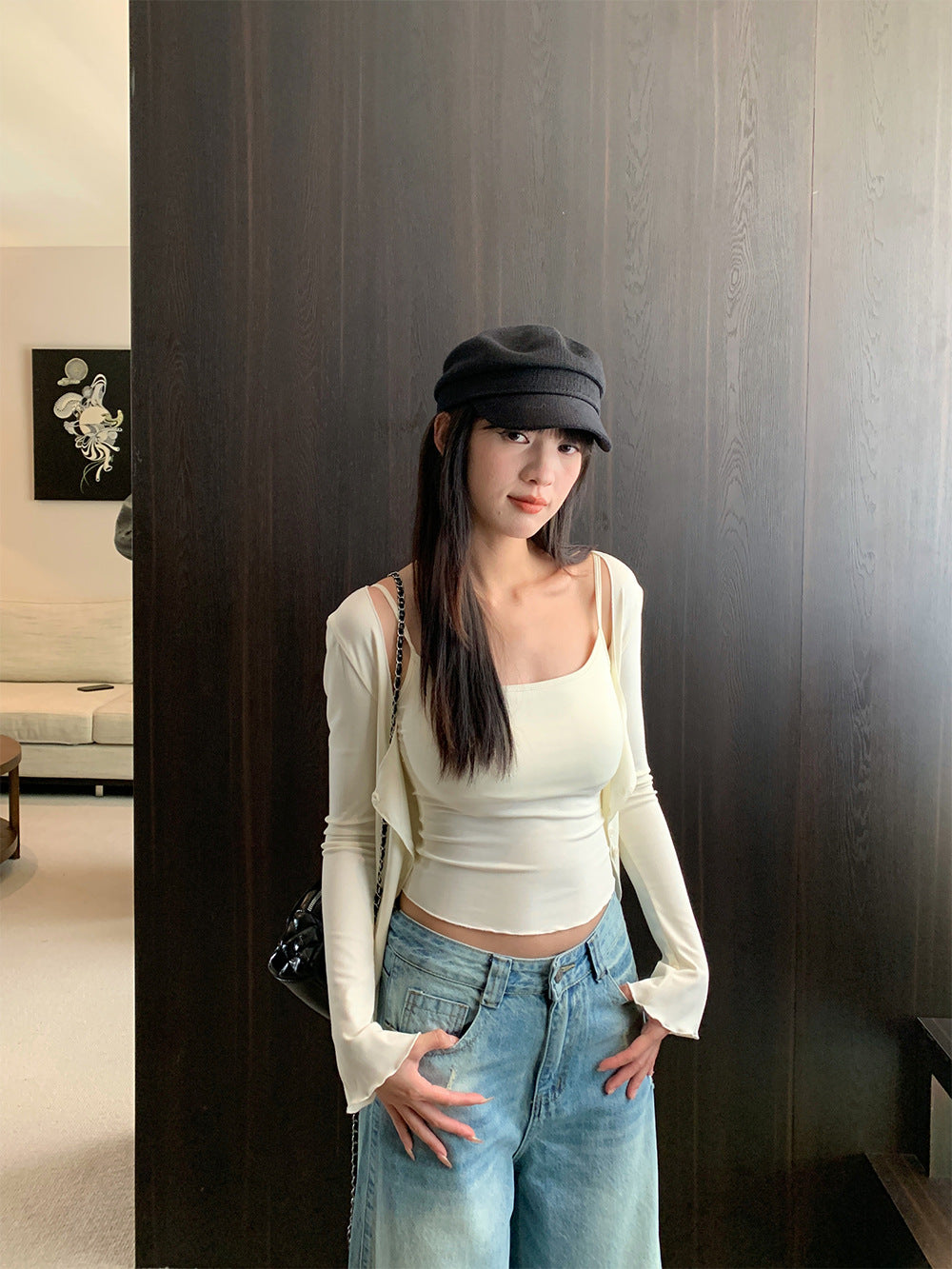 Style Two-Piece Set for Women, Long Sleeve Cardigan Padded Strapless Top