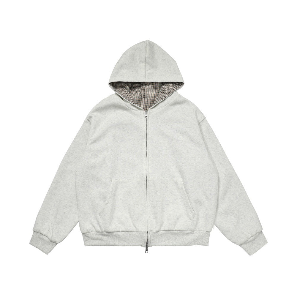 Plaid double zipper hoodie for two outfits