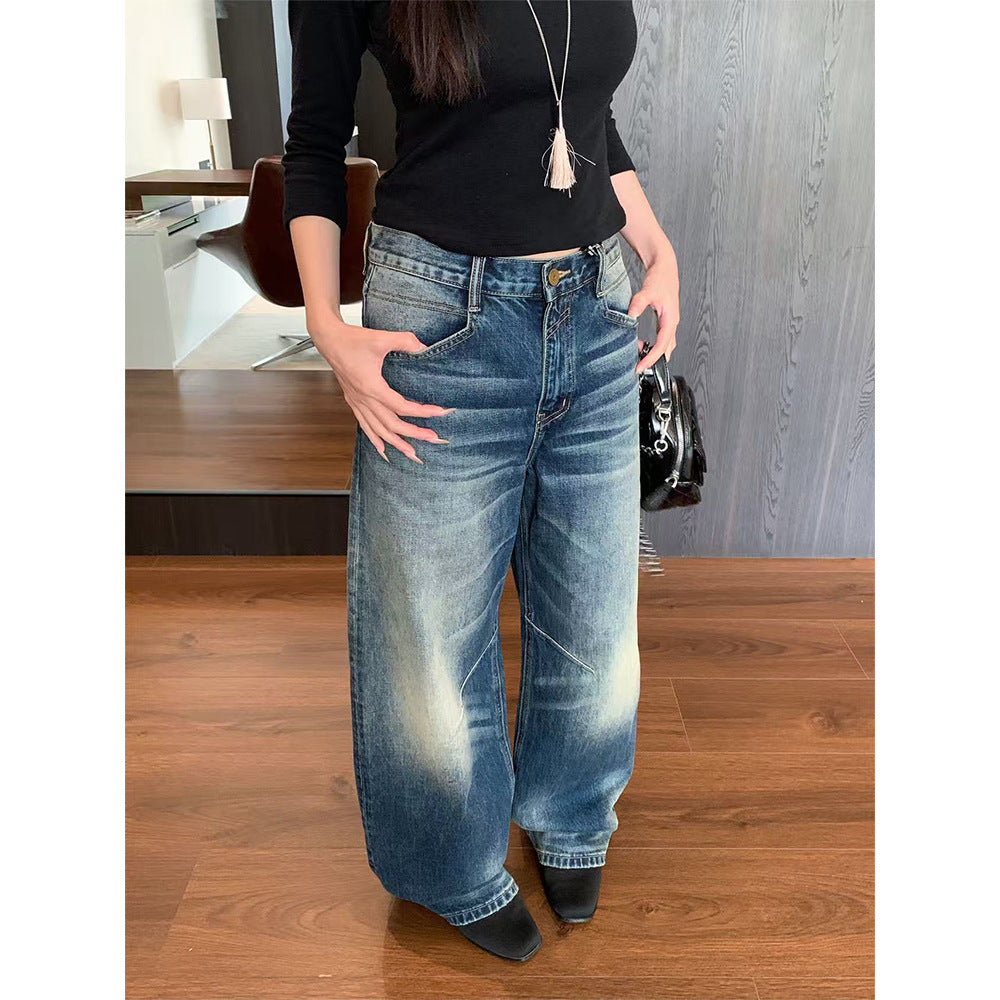 Personality Patchwork Denim Pants for Women, Design Sense Split Pocket Wide Leg Pants