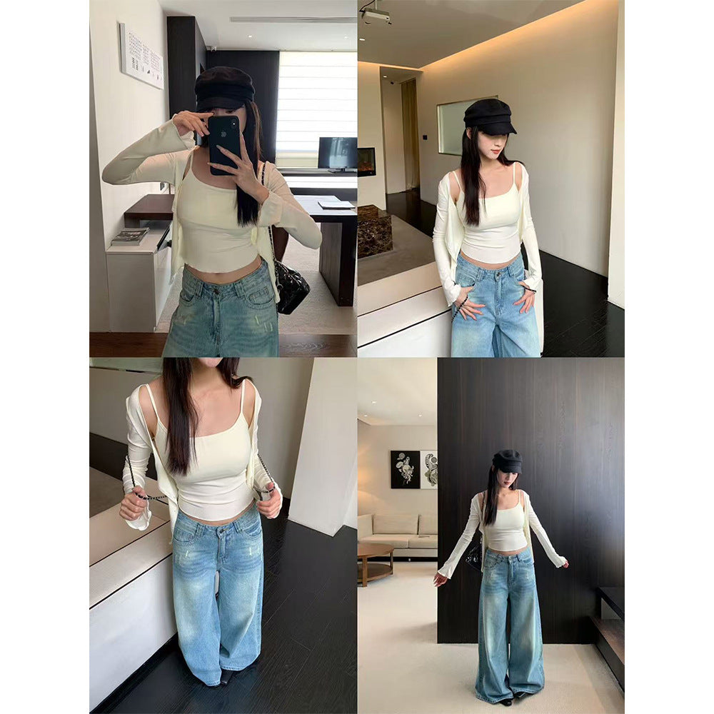 Style Two-Piece Set for Women, Long Sleeve Cardigan Padded Strapless Top