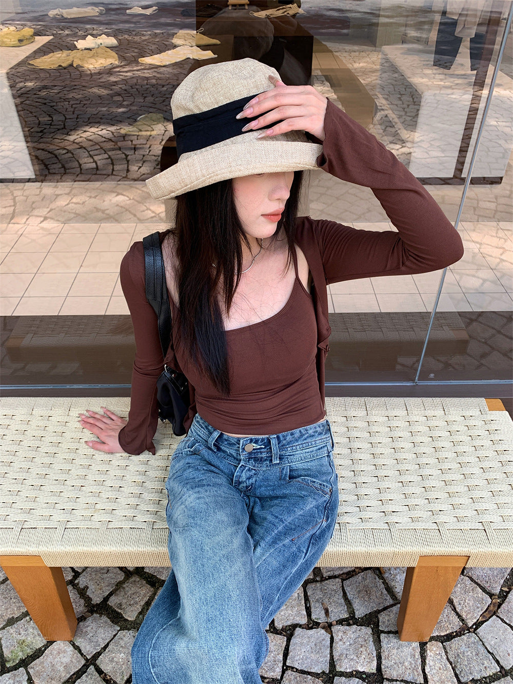 Style Two-Piece Set for Women, Long Sleeve Cardigan Padded Strapless Top