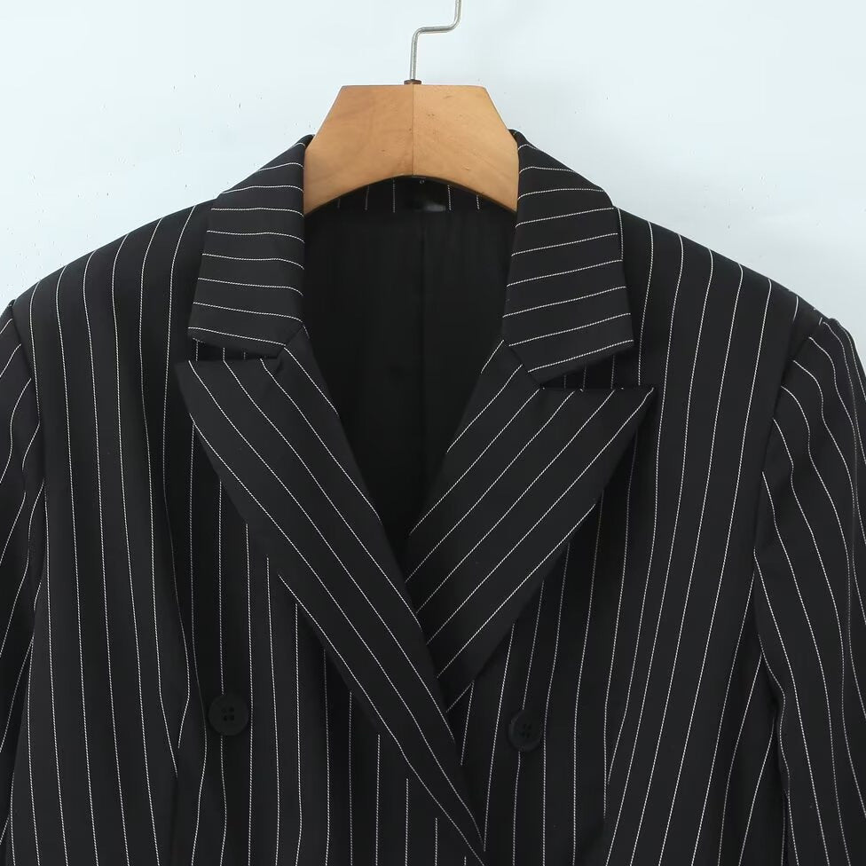 Style New Women's Fashion Charming Ruffled Hem Double-Breasted Striped Blazer