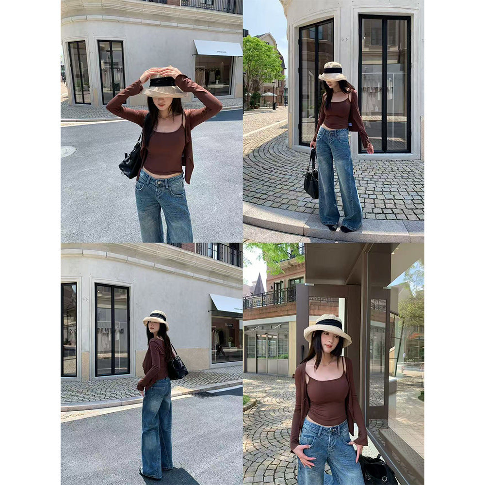 Style Two-Piece Set for Women, Long Sleeve Cardigan Padded Strapless Top