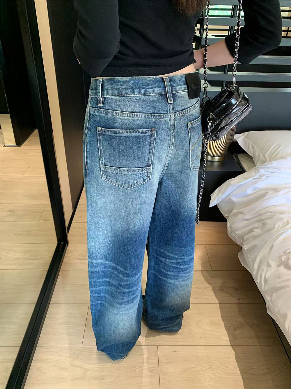 Personality Patchwork Denim Pants for Women, Design Sense Split Pocket Wide Leg Pants