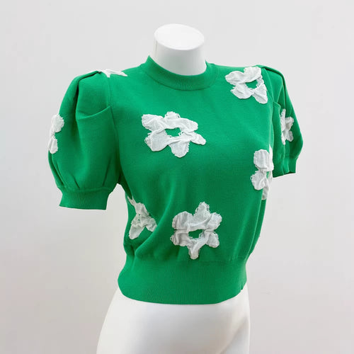 Home Spring Stunning Green 3D Floral Puff Sleeve Knit Retro Youthful Short Sleeve Round Neck Knit Top for Women