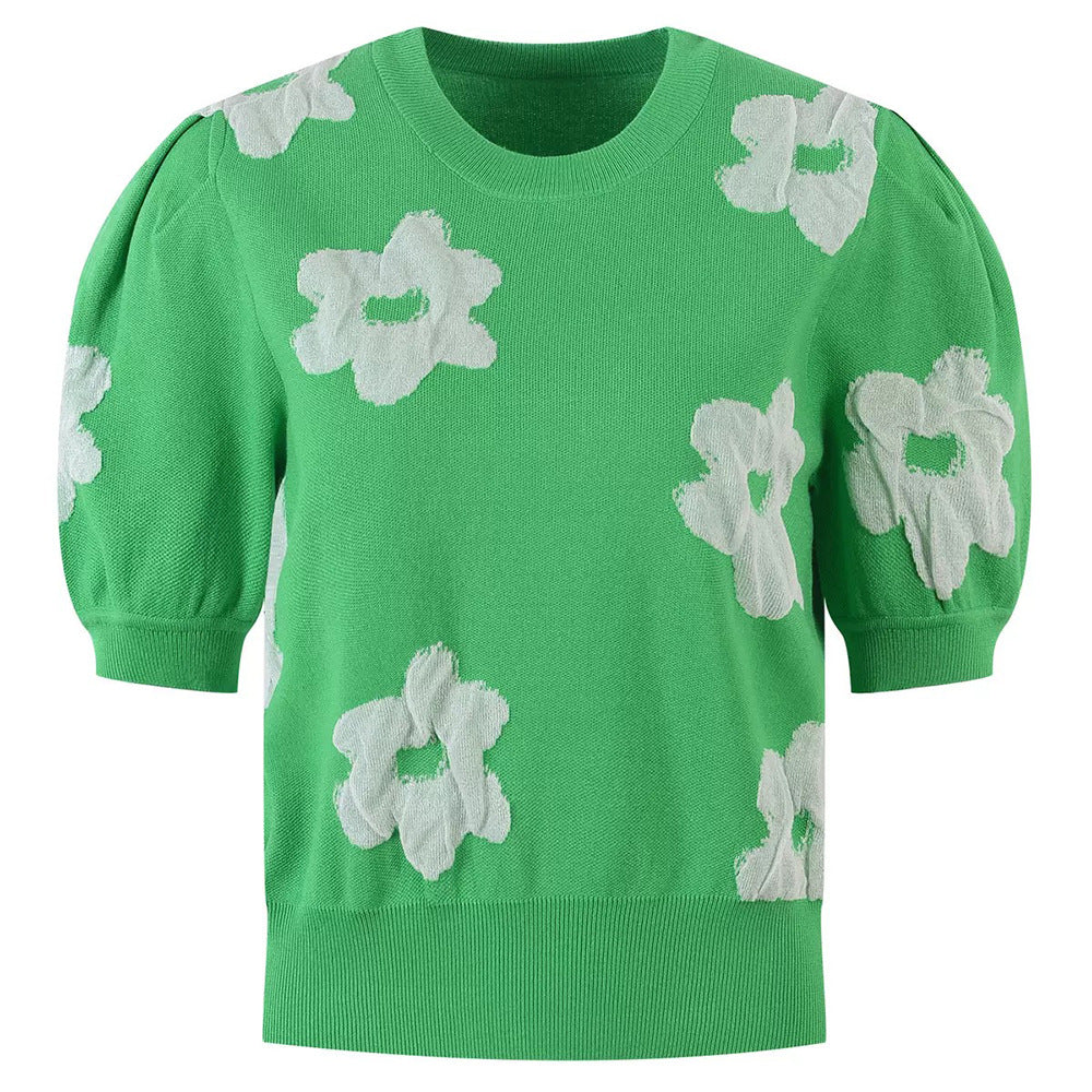 Home Spring Stunning Green 3D Floral Puff Sleeve Knit Retro Youthful Short Sleeve Round Neck Knit Top for Women