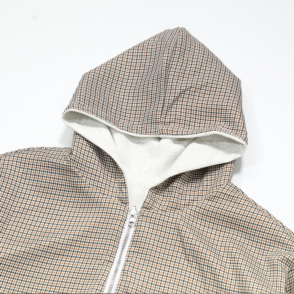 Plaid double zipper hoodie for two outfits