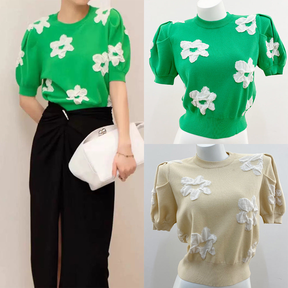 Home Spring Stunning Green 3D Floral Puff Sleeve Knit Retro Youthful Short Sleeve Round Neck Knit Top for Women