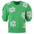 Home Spring Stunning Green 3D Floral Puff Sleeve Knit Retro Youthful Short Sleeve Round Neck Knit Top for Women