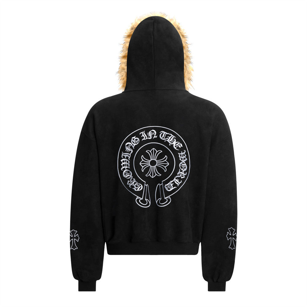 Sanskrit cross embroidered fur collar hooded sweatshirt