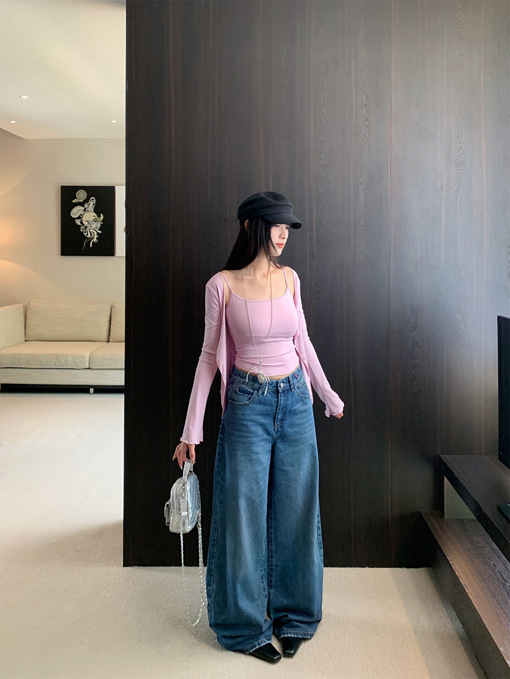 Style Two-Piece Set for Women, Long Sleeve Cardigan Padded Strapless Top