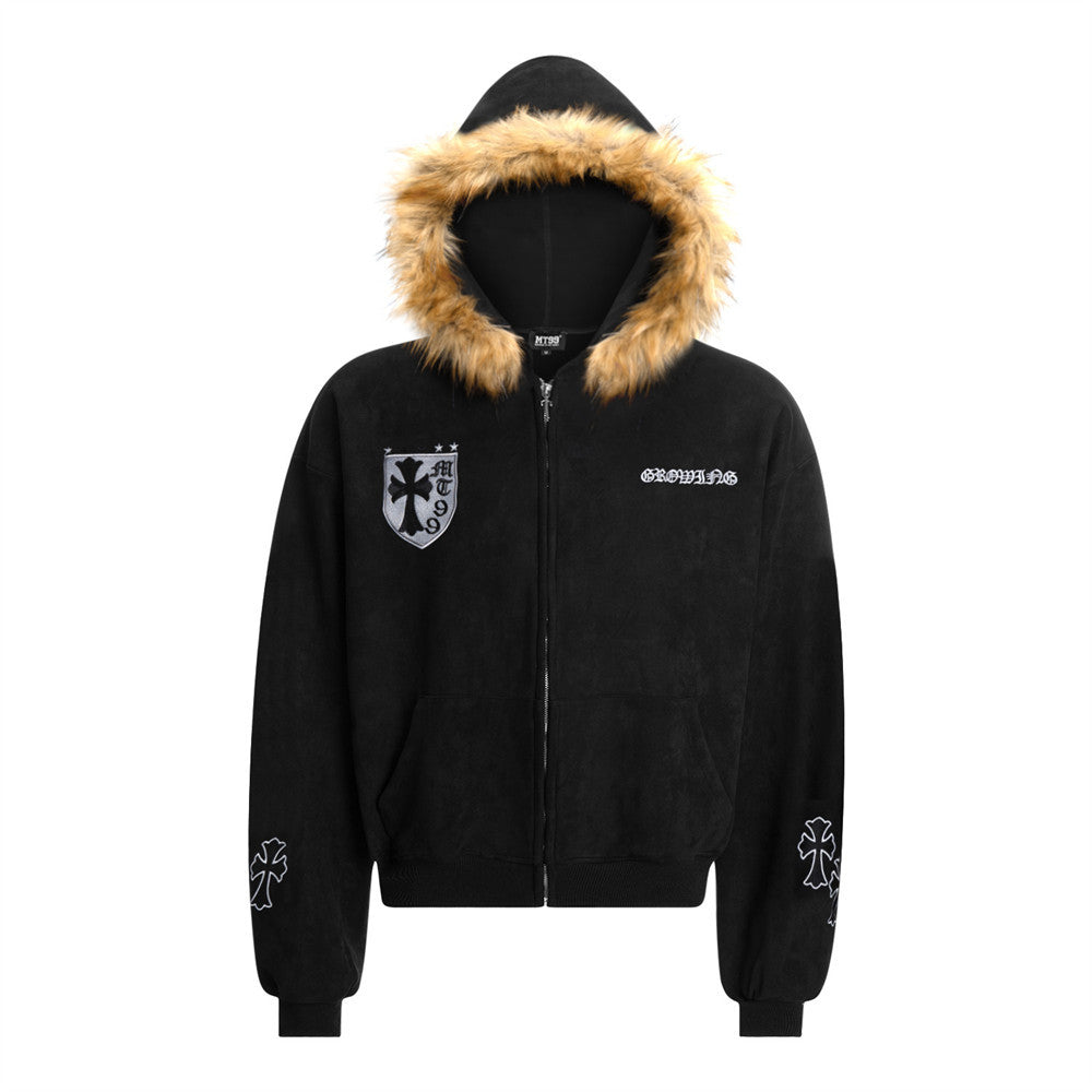 Sanskrit cross embroidered fur collar hooded sweatshirt