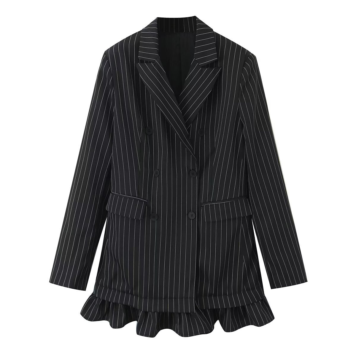 Style New Women's Fashion Charming Ruffled Hem Double-Breasted Striped Blazer