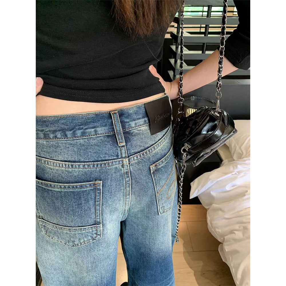 Personality Patchwork Denim Pants for Women, Design Sense Split Pocket Wide Leg Pants