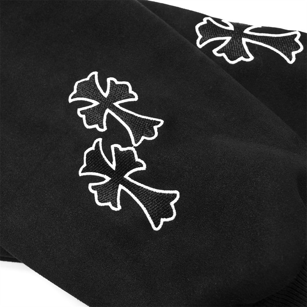 Sanskrit cross embroidered fur collar hooded sweatshirt